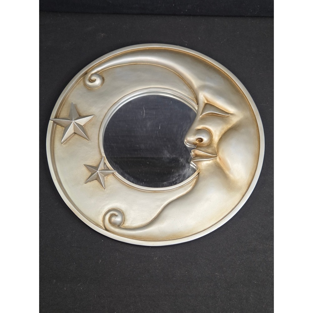 Vintage Celestial Crescent Moon Face and Stars Wall Mirror Gold Silver 11.5 Inch